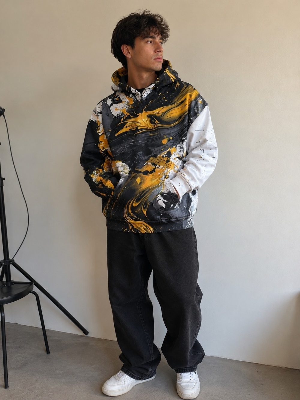 Unbranded Canvas Paint-Splash Hoodie Jacket - Black/Yellow/White